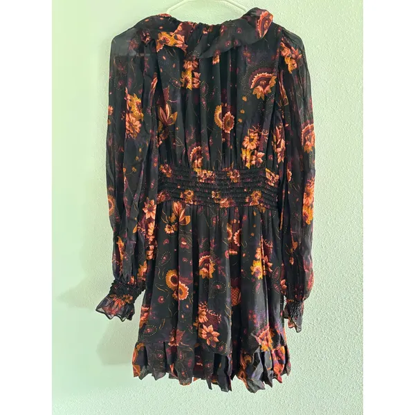 Ulla Johnson Adara Dress Womens 2 Black‎ Orange Mini Floral Silk Smocked Party - Image 3