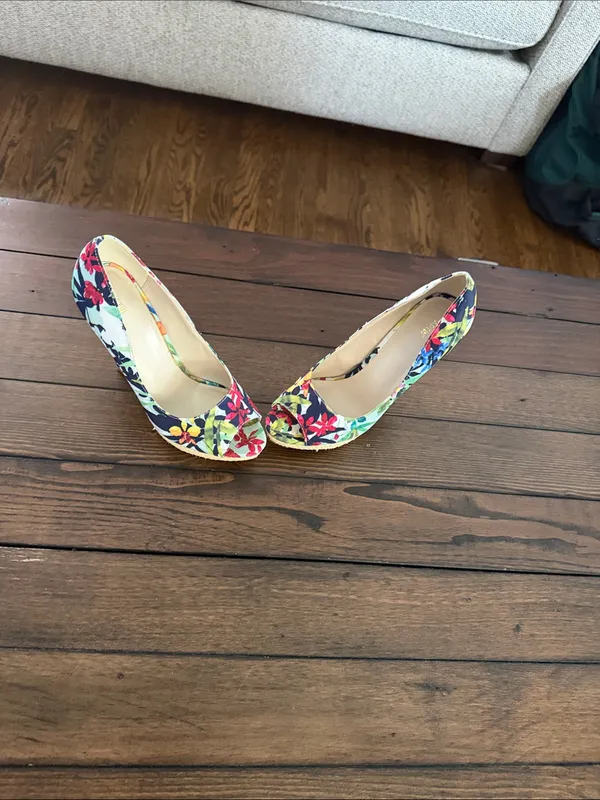 APT 9 Women’s Peep Toe Heels 7.5M Floral Print Textile Stiletto Platform Shoes - Image 3