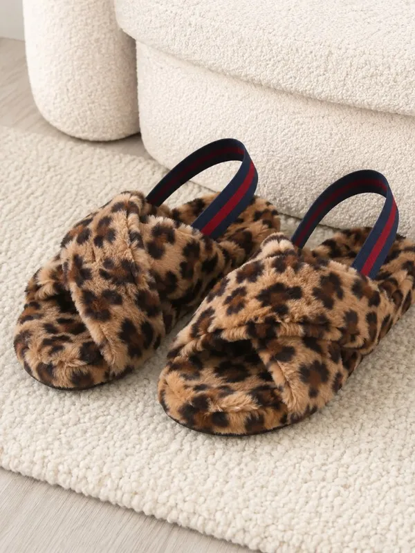 Leopard Faux Fur Slingback Slippers Fuzzy Plush House Shoes SZ 6 NWT - Image 5