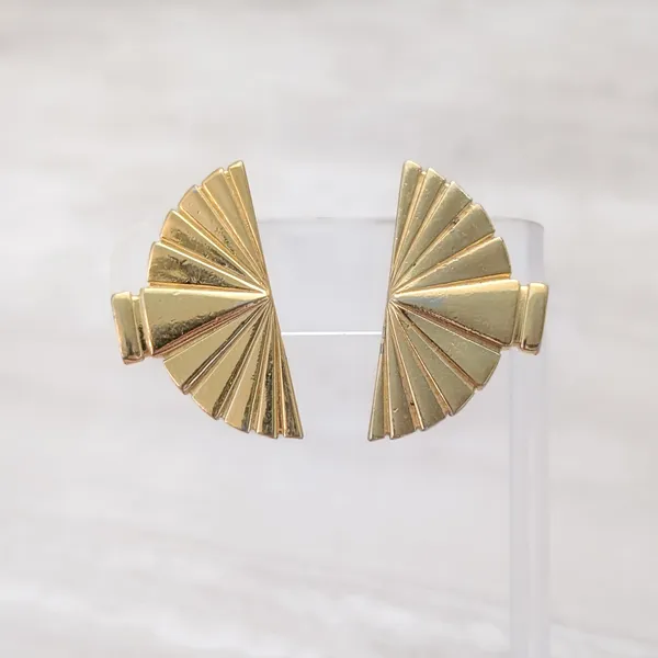 Vintage Clip On Earrings Gold Tone Fan Shape Very Large 1.5" - Fair Condition - Image 2