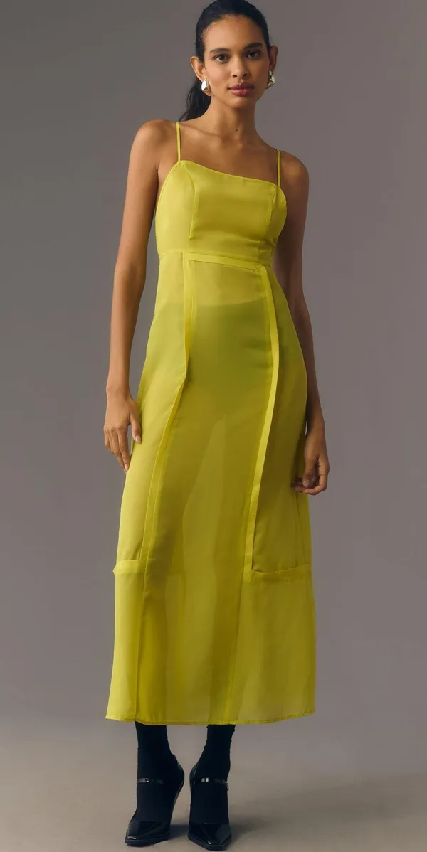 NWT Sheer Paneled Midi Dress in Chartreuse. Size 16 - Image 4