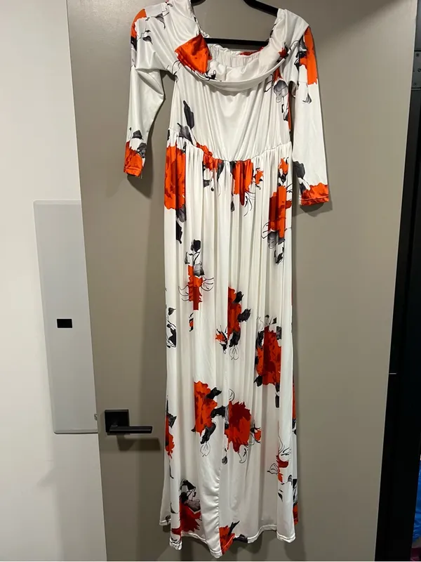 White Maxi Dress with Orange Floral Print and Cowl Neck - Image 3