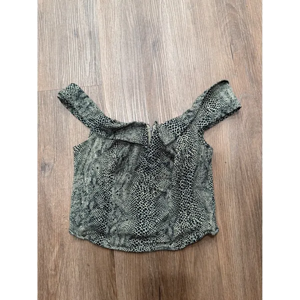 Free People Snakeskin Off Shoulder Crop Top Green‎ Black XS Sweetheart Zipper - Image 2