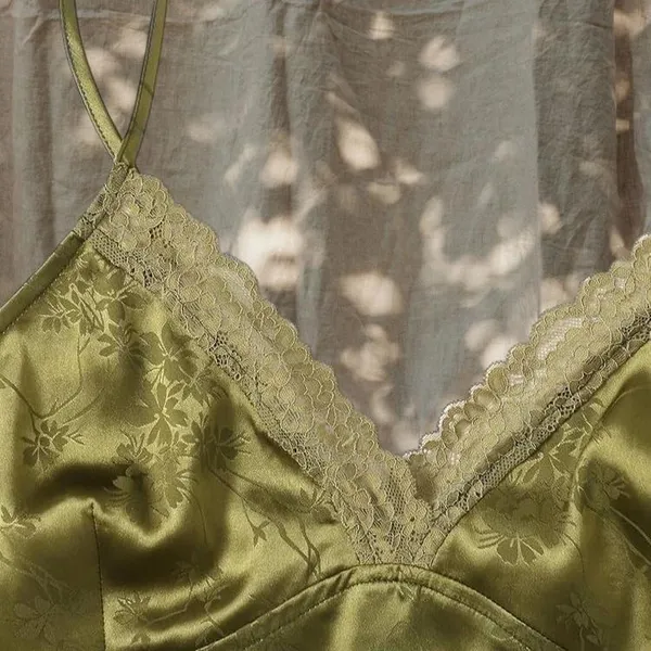 SheIn Olive Green Satin Lace Cami Top Y2K Yoga Mom Aesthetic - Image 2