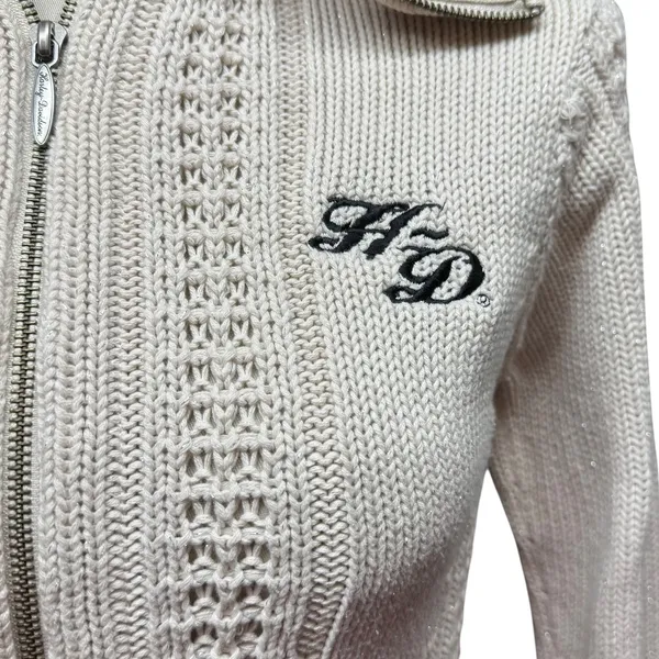 Harley-Davidson Full Zip Shawl Neck Sweater Cream Silver Sparkle Small - Image 3