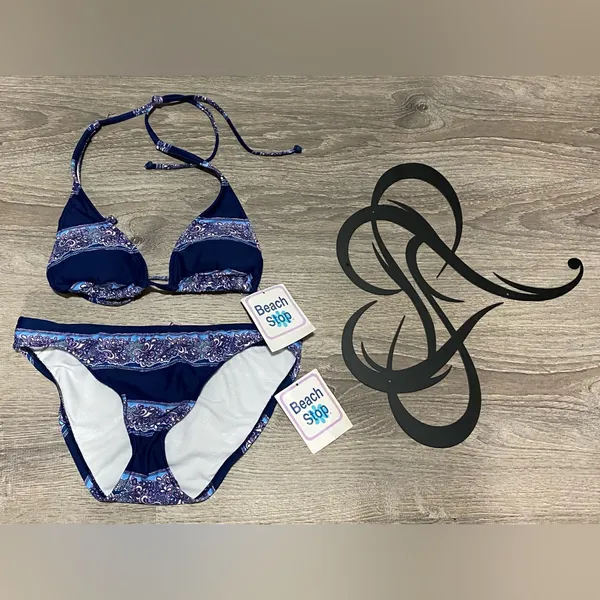 NWT Beach Stop Paisley Triangle Bikini Swim Set Medium Navy Purple - Image 3