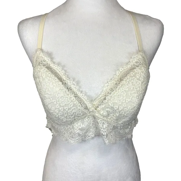 Aerie Eyelash Lace Bralette Womens L‎ Ivory Racerback Wireless Padded Sexy - Image 2