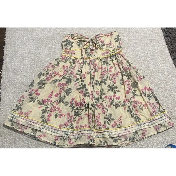 Hazel Strapless Floral Sundress Yellow Pink Green L 100% Cotton Lace Bow Ruffle - Image 14