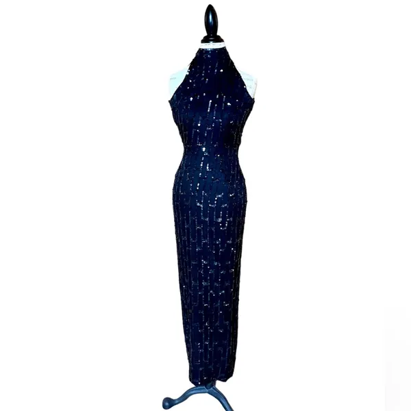 Scala Black Silk Heavily Beaded Sleeveless Long Special Occasion Dress Gown Sz S - Image 2