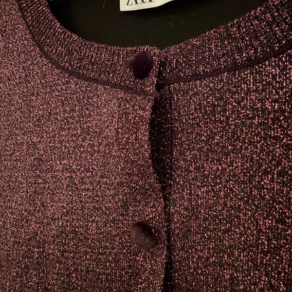 Zara Metallic Knit Cardigan Women's Medium Purple‎ Party Cropped Holiday Glam - Image 6