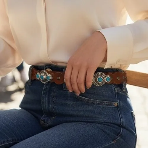 Western‎ Turquoise Studded Brown Faux Leather Scalloped Belt M/L Concho Silver - Image 3