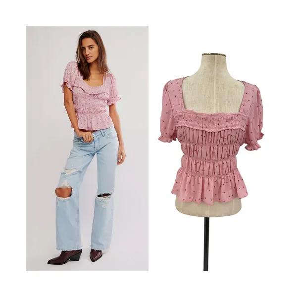 Free People Adore You Blouse Bleached Mauve Floral Smocked Pink Size Medium - Image 2