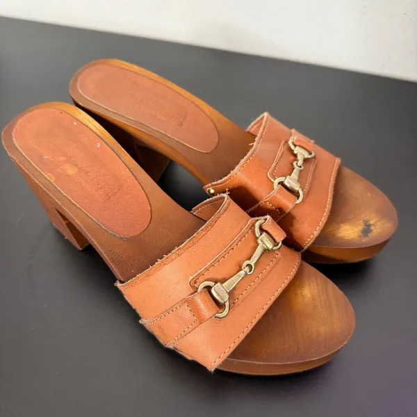 Horsebit BOHO Y2K Wooden Platform Clog Mules Womens Size 39 US 8.5 Brown Slides - Image 9