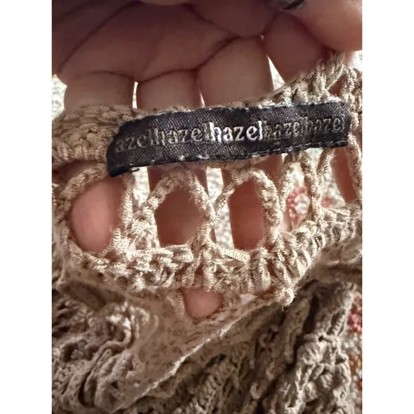 Hazel Tan Crochet Fringed Poncho Open Knit Boho Festival Wrap One Size - Image 3