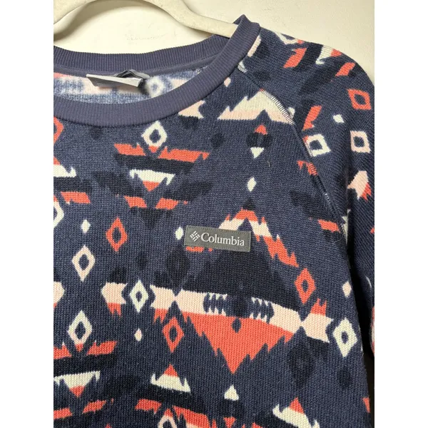 Columbia Fleece Crewneck Shirt Navy Coral Geometric Southwestern Layering Large - Image 2