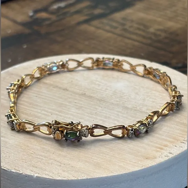 Sterling Silver Mystic GPTopaz Tennis Bracelet 925 Gold Vermeil Heart Link 8.85g - Image 4