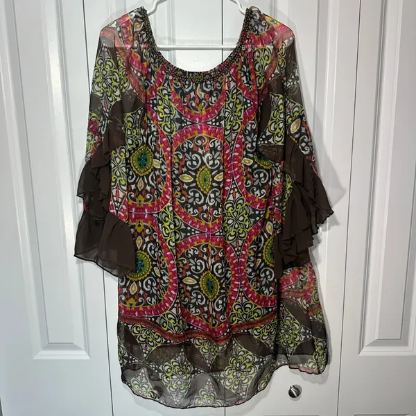 Mini Dress Off Shoulder L Bell Sleeve Paisley Sheer Boho Festival Hippie Gypsy - Image 3