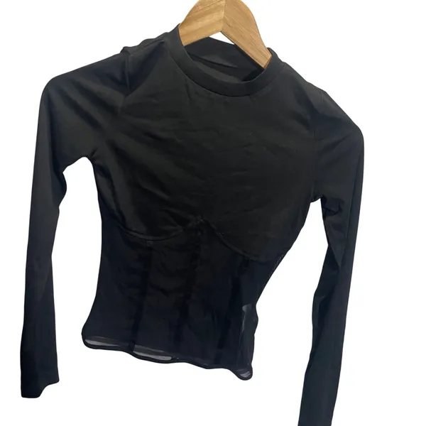 Commense‎ XS Black Sheer Ribbed Long Sleeve Top Elegant Design - Image 3