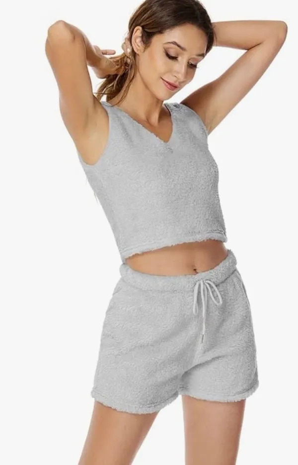 Womens Sexy Warm Fuzzy Fleece Cropped Lounge Two- Piece Set Size Small - Image 2