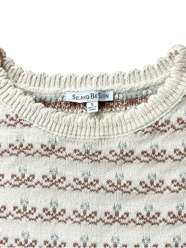 See and be Seen Fair Isle Floral Scallop Ribbed Trim Grandmacore Sweater Small - Image 6