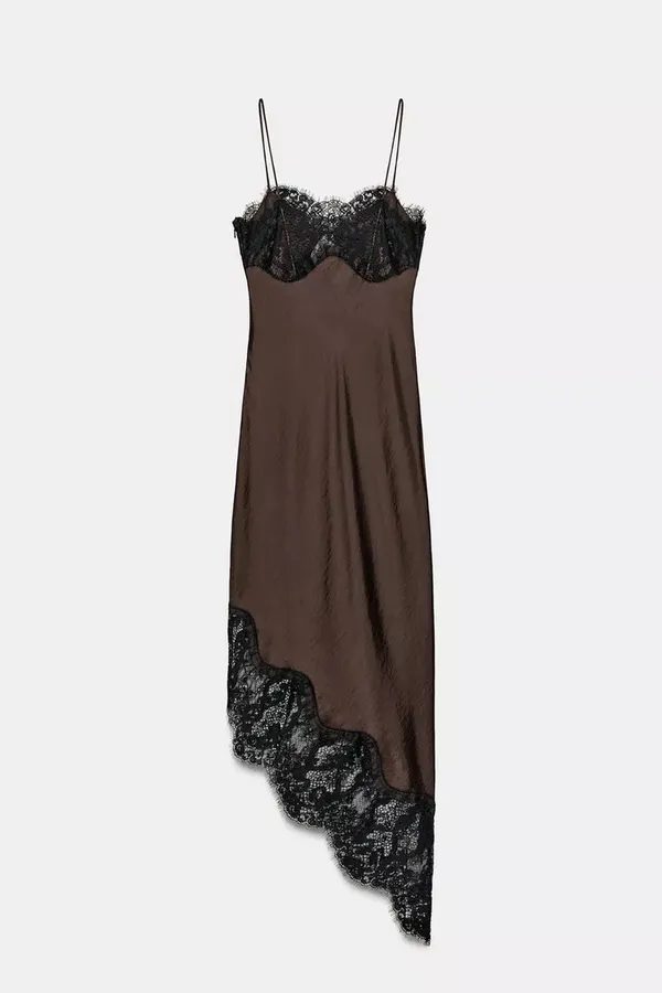 Zara Satin Lace Slip Mini Evening Dress in Deep Brown - Image 5