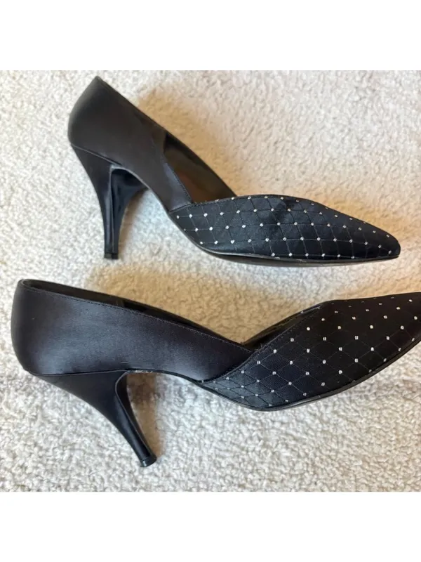 Vintage Black Satin Pumps Pointed Toe Rhinestone Heels w/ Box Sz 7 - Image 2