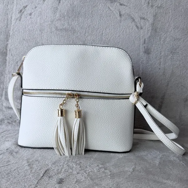 Crossbody Bag Women Medium White Tassel Zip Minimalist Pebble Grain Girly Casual - Image 2
