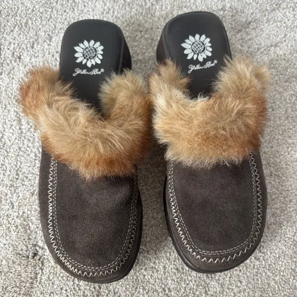 Yellow Box Brown Suede Slip On Clogs Faux Fur Trim Y2K Retro Platform - Image 2