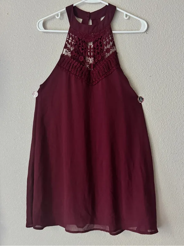 Women's Crochet Yoke Halter Dress - Burgundy - Image 4