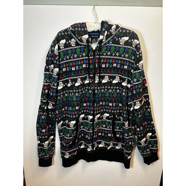 Old River Christmas Santa Fair Isle Sherpa Lined Zip Hoodie Jacket XXL Cozy Warm - Image 12