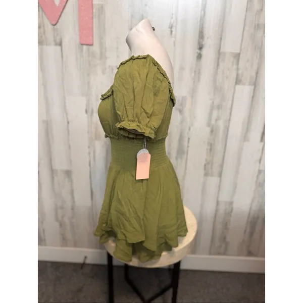 Olive Green Smocked Romper Puff Sleeve Rayon Mini Dress Look Size M - Image 5