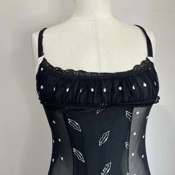 Flora Nikrooz Sheer‎ Vintage Black Slip Dress Y2K Mesh Lip Print Size XS - Image 8