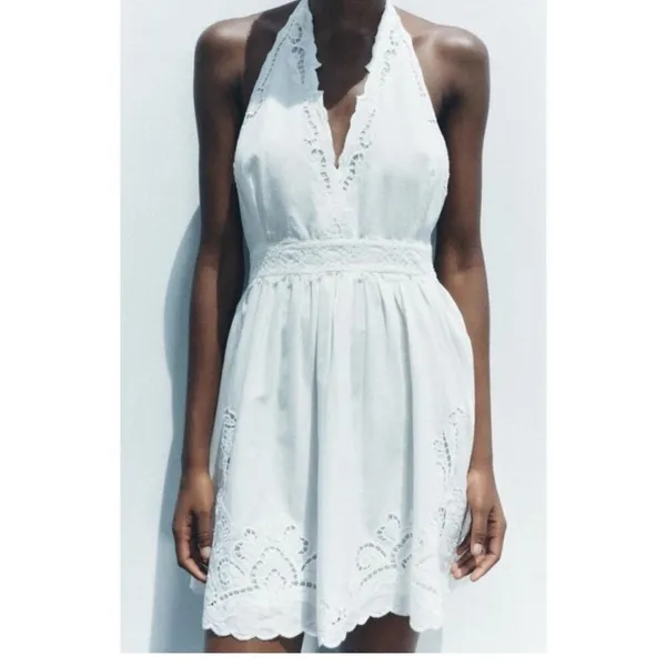 Zara NWT Cotton Eyelet Embroidered V-Neck Mini Halter Dress Lined Size M - Image 3