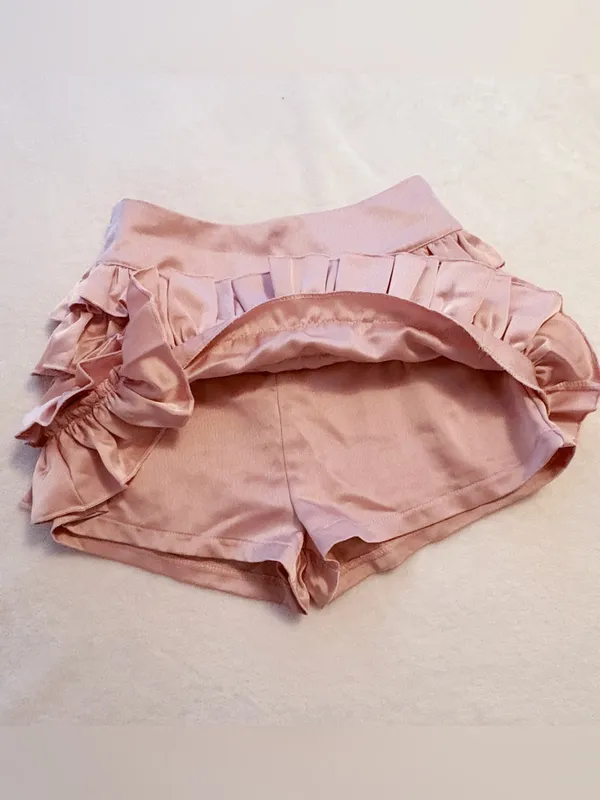 Japanese Kawaii Y2K Cottagecore Silky Dusty Pink Layered Ruffle Mini Skirt Skort - Image 9