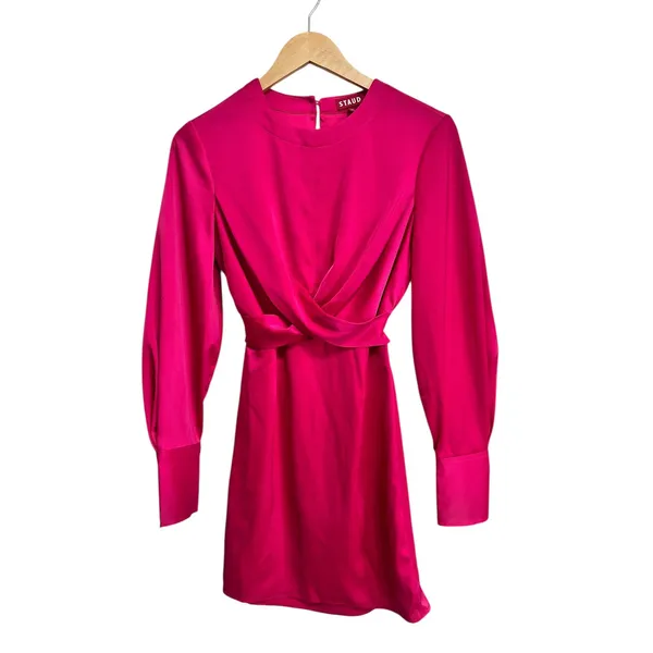 STAUD women's‎ Crosshill Pink Satin Twist Front Long Sleeve Mini Dress Size XS - Image 3
