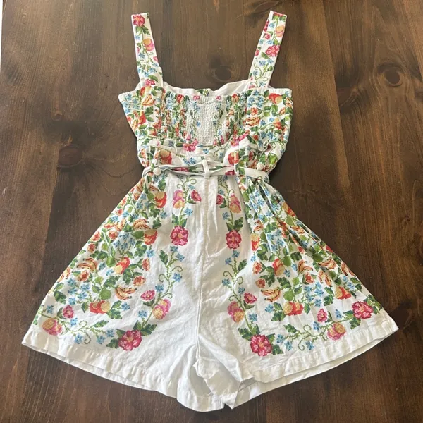 Farm Rio Tropical Romance Romper Medium White Floral Linen Cottagecore Summer - Image 7