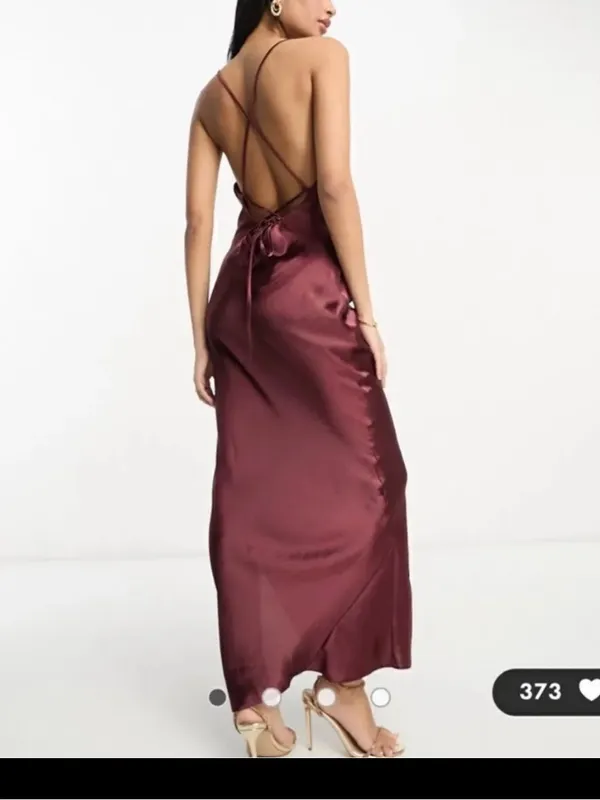 ASOS Design Cami Maxi Slip Dress in High Shine Satin lace up back Burgundy 10 - Image 8