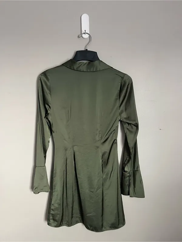 ABERCROMBIE & FITCH Olive Green Satin Button-Front Long Sleeve Mini Dress Sz XS - Image 7