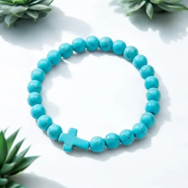 Lovely Faith Vintage-Inspired Turquoise‎ Beaded Bracelet with Cross Pendant - Image 5