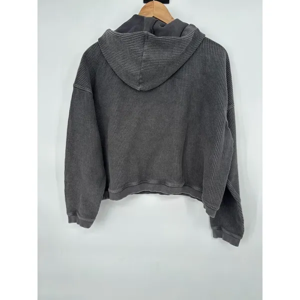 Aerie‎ Womens Shirt New Love Corded Cropped Ribbed Hoodie Sweatshirt Gray Medium - Image 4