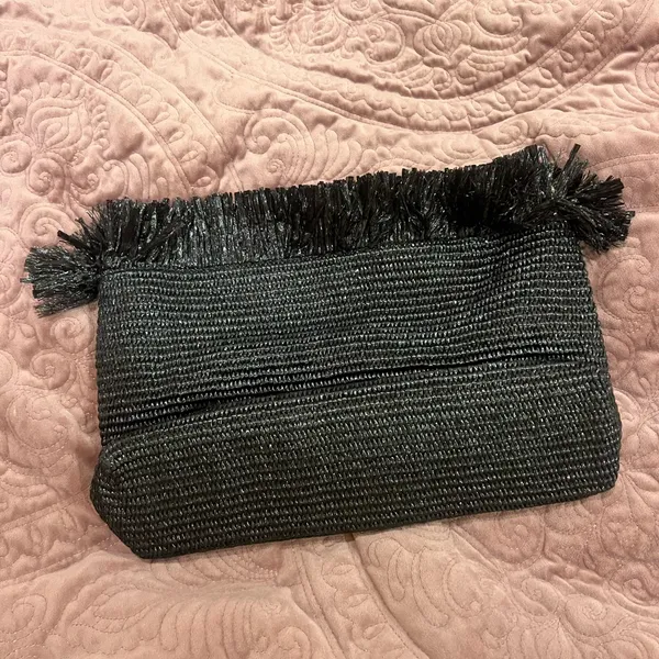 Black Fringe Top Zipper Clutch Bag - Image 2