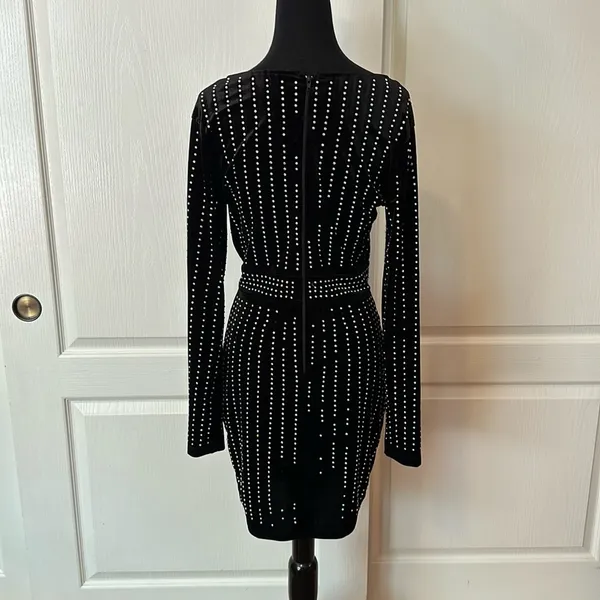 Windsor Black Velvet Studded V Neck Wrap Long Sleeve Dress - Image 2