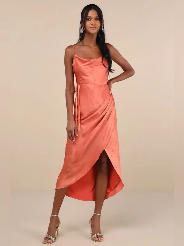 LULU’S Sophisticated Sight Peach Satin Jacquard Cowl Midi Dress - Image 4