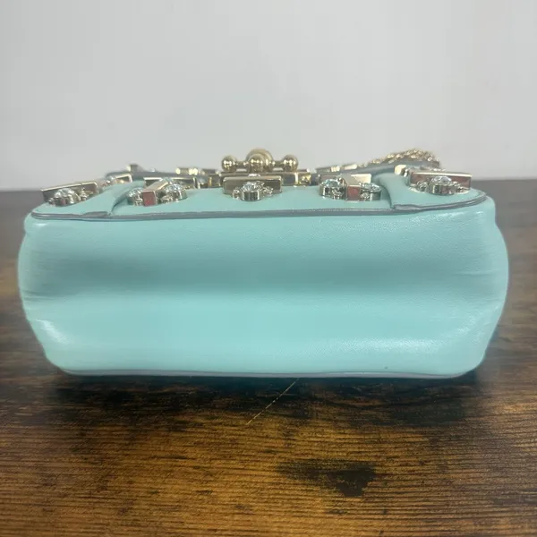 Chloé Elsie Shoulder Bag Small Turquoise Leather Chain Strap Rhinestone Gold - Image 14