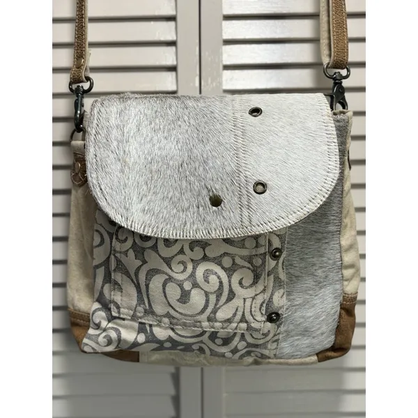 Myra Hair On Cowhide Leather Canvas Paisley Shoulder‎ Bag Boho Gray/Tan - Image 2