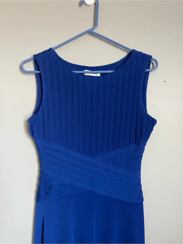 CALVIN KLEIN | Royal Blue Sleeveless Pleated Waist Midi Dress Sz 4 - Image 3
