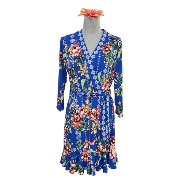 Eci New York Dress Womens Blue Midi Floral Wrap Floral Ladies size L - Image 6