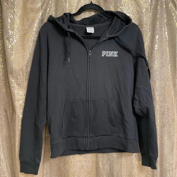 PINK Victorias Secret Black Fill Zip Rhinestone Hooded Sweatshirt, M - Image 2