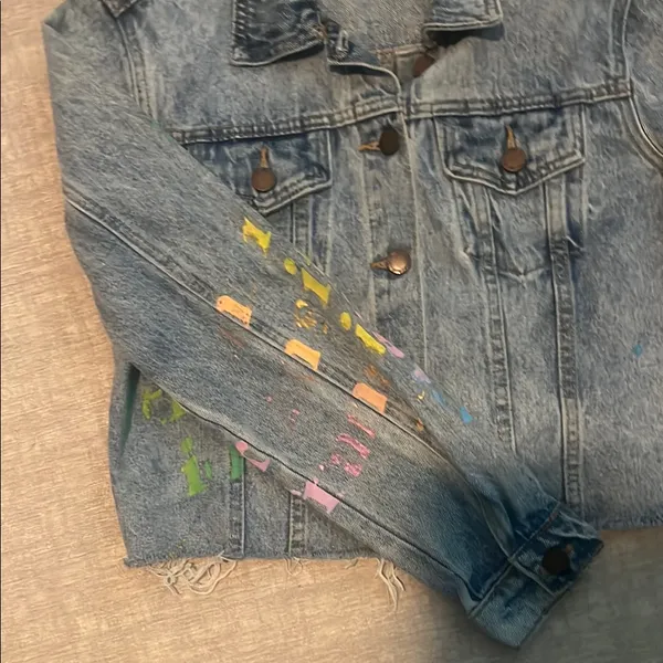 Blue and Pink Cropped Jean Jacket with Decorative Sleeves - Image 2