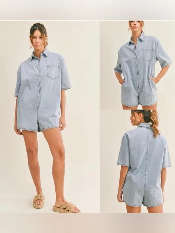 Mable Light Wash Short Sleeve Collar Shirt Pocketed Denim Short Romper S - Image 2
